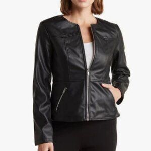 Tahari Black Faux Leather Jacket Moto Full Zip Tailored Size 4 Excellent NWOT